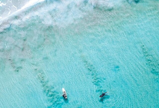 Aerial view of a clear turquoise ocean with a person swimming and a kayak, illustrating themes of agility and flexibility in business operations.