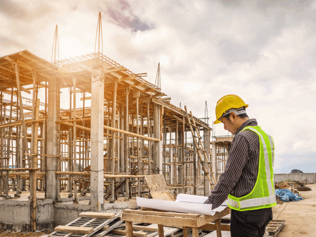 Construction worker reviewing blueprints at a building site, showcasing modern construction techniques and project management in the construction industry.