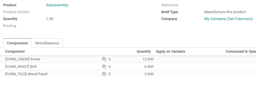 Odoo manufacturing interface displaying product components, including screws, bolts, and wood panels, relevant for ERP implementation and inventory management.
