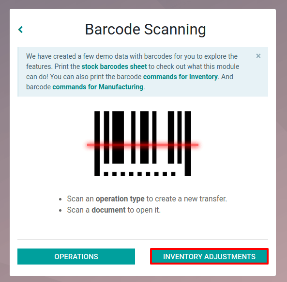 Barcode scanning interface showcasing barcode with highlighted "INVENTORY ADJUSTMENTS" button, illustrating Odoo's inventory management features for effective stock tracking and adjustments.