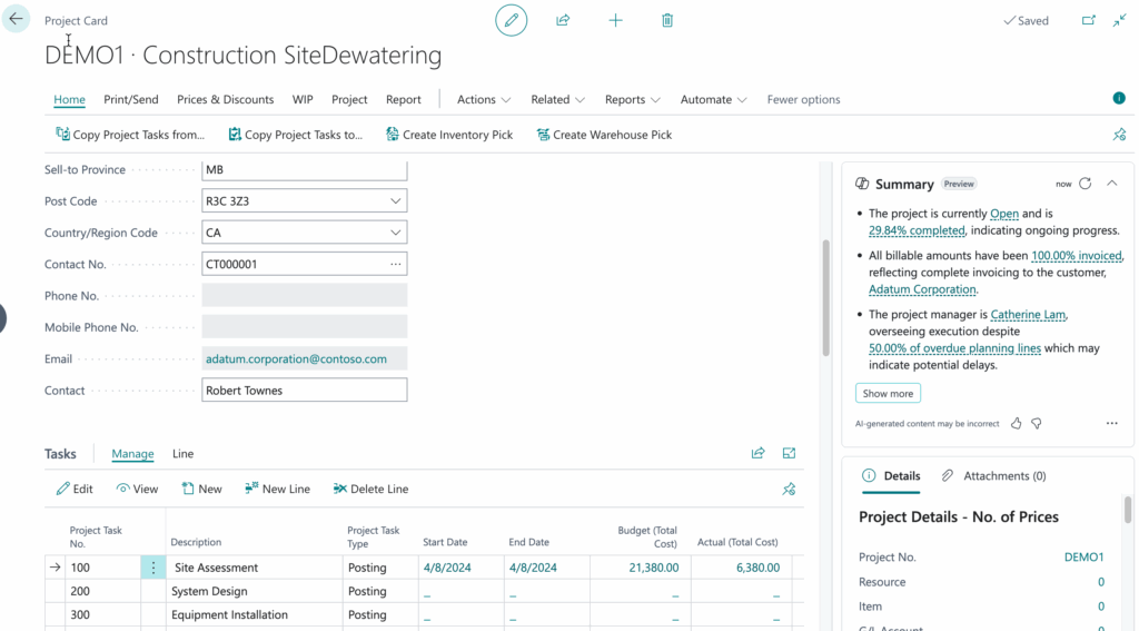 Project management interface displaying construction site dewatering tasks, including project details, budget information, and contact information for efficient ERP solutions by Blue Sky Consulting.