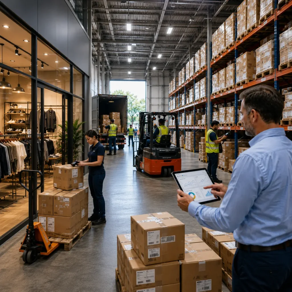 Modern retail and wholesale warehouse with workers managing inventory, forklifts moving stock, and a manager using a digital analytics tablet inside a large fulfillment center connected to a retail showroom.